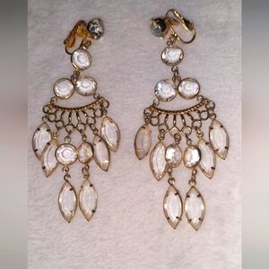 Vintage Gold and Clear Crystal Chandelier Clip Earrings. Estate Sale Piece